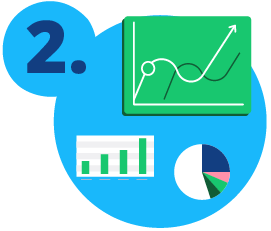 Blue graphic bubble with a 2 next to it with three graphs inside. 