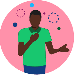 Pink circle with a graphic of a man inside wearing a green shirt extending a hand.