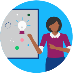 Blue bubble with a graphic of a woman inside gesturing at a white board with a lightbulb.